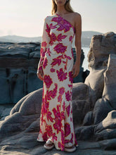 Aurohaya Unique Satin Floral Print One Shoulder Flared Maxi Dress Pink