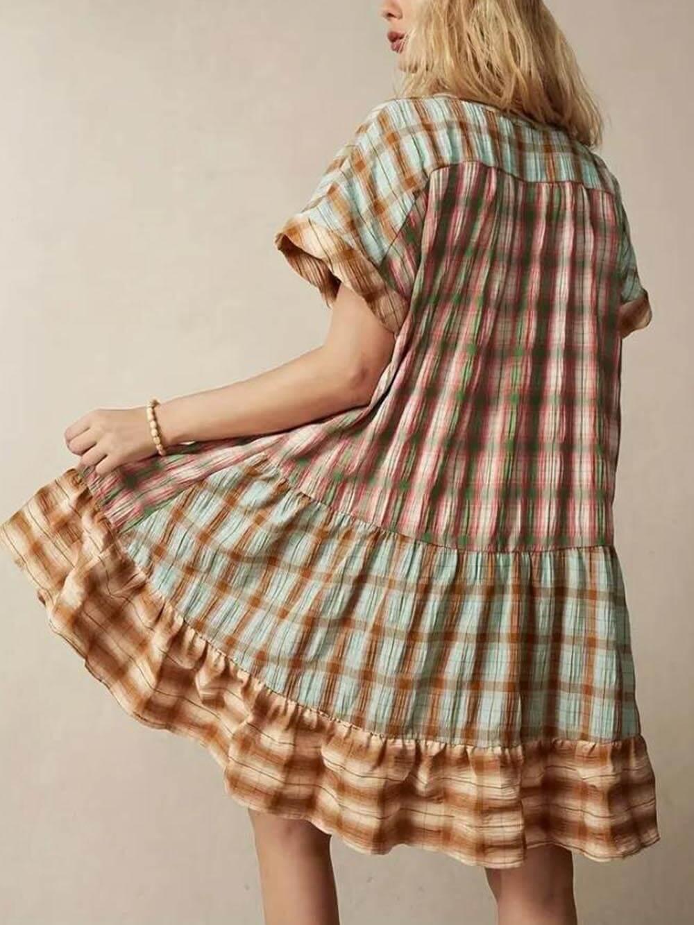 Aurohaya Unique Multicolored Plaid Patchwork Vacation Mini Dress