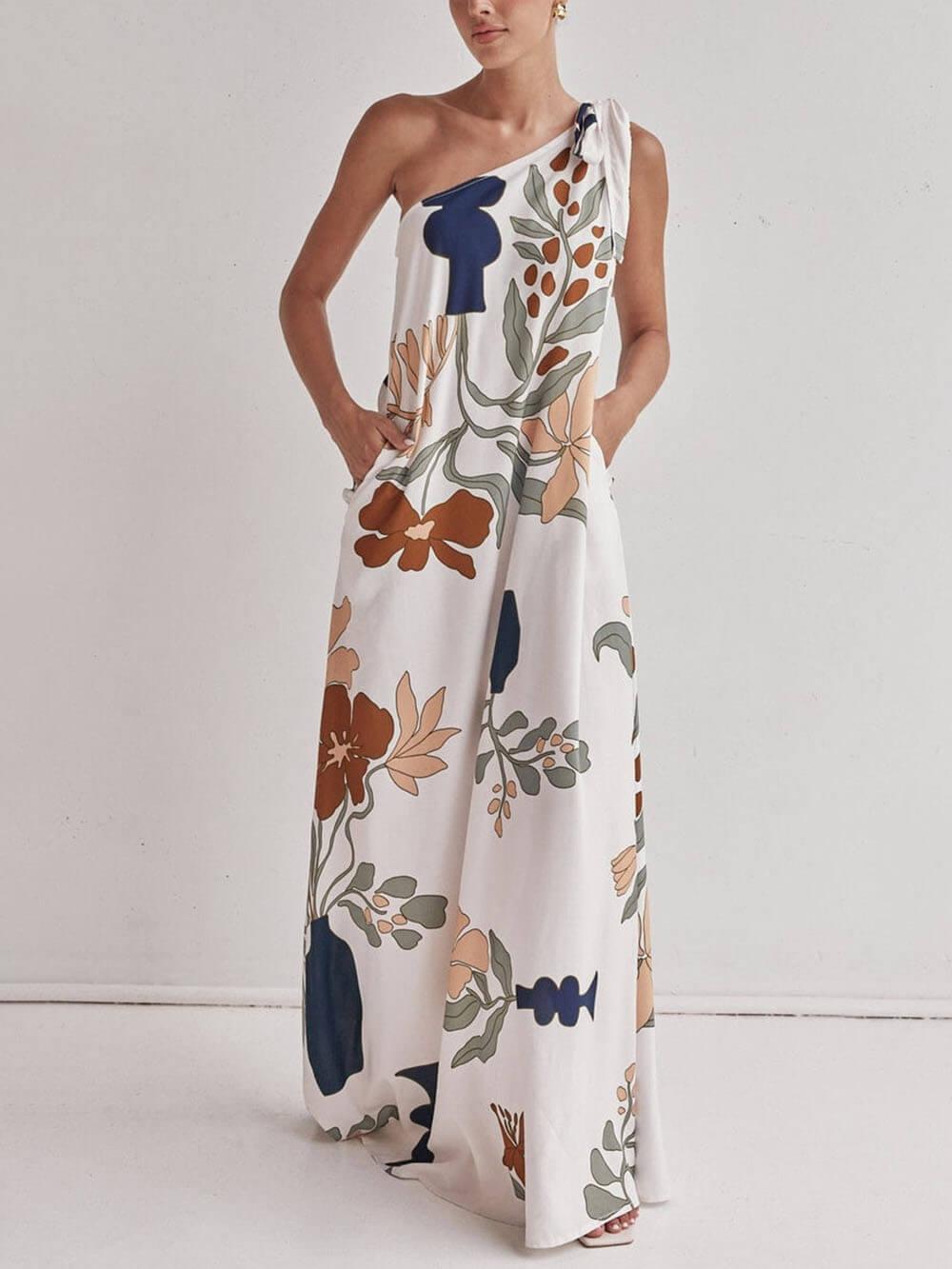 Aurohaya Unique Print One Shoulder Tie-up Pocketed Loose Maxi Dress