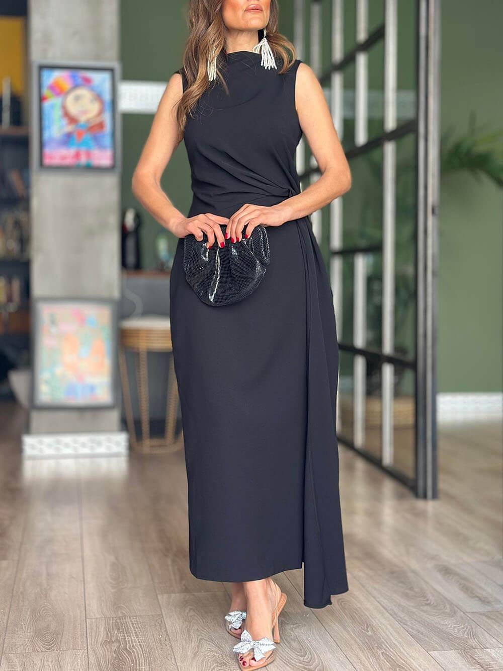 Aurohaya Exquisite Romantic Night Unique Pleated Back Slit Maxi Dress Black