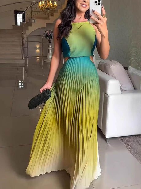 Aurohaya Exquisite Sleeveless Pleated Open Back Ombre Printed Maxi Dress Green