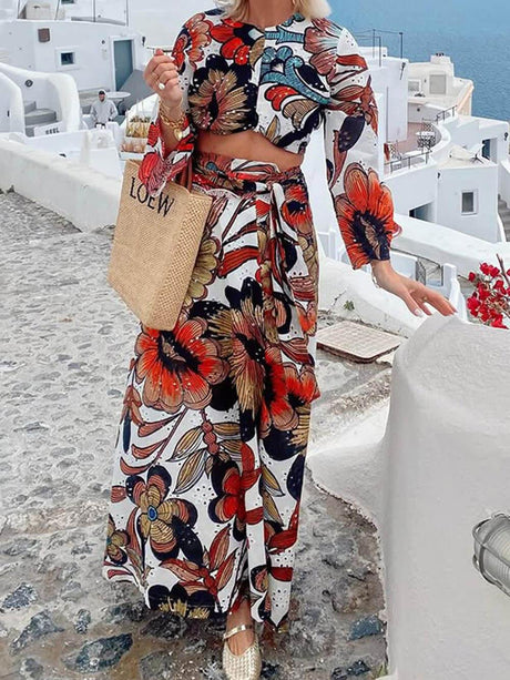 Aurohaya Unique Colorful Print Navel-Baring Lace-Up Maxi Dress