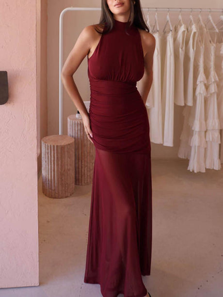 Aurohaya Fresh Style Mesh Paneled Pleated Bow Tie Maxi Dress