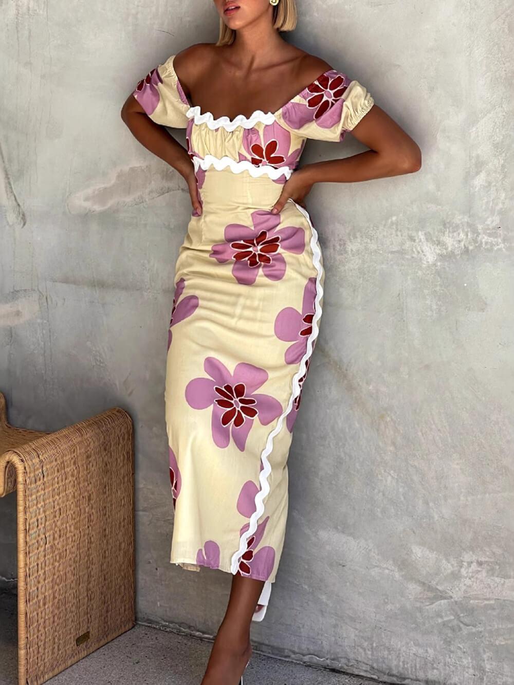 Aurohaya Casual Summer Linen Floral Print Midi Dress Light Yellow