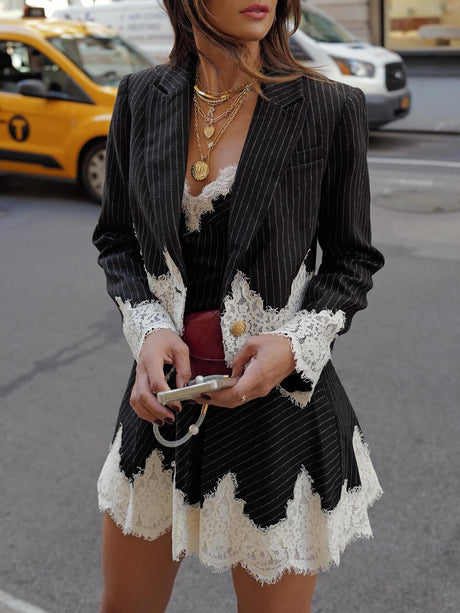 Aurohaya Elegant Striped Lace Trim Pleated Slip Mini Dress