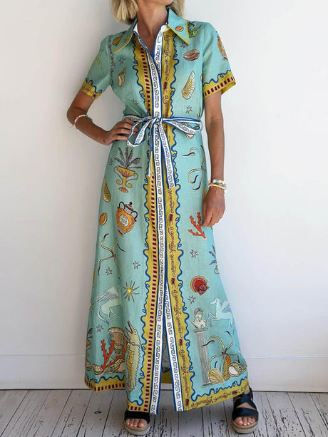 Aurohaya Modern Surrealist Unique Ocean Print Summer Maxi Shirtdress Multicolor