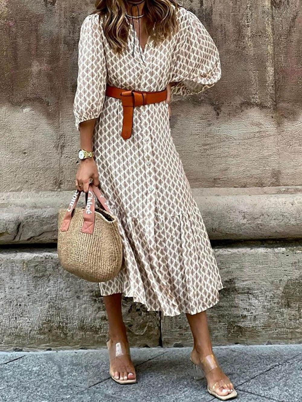 Aurohaya Unique Pattern Print V-Neck Simple Belt Midi Dress
