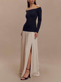 Aurohaya Elegant Two-Tone Stitching Slit Off-Shoulder Maxi Dress
