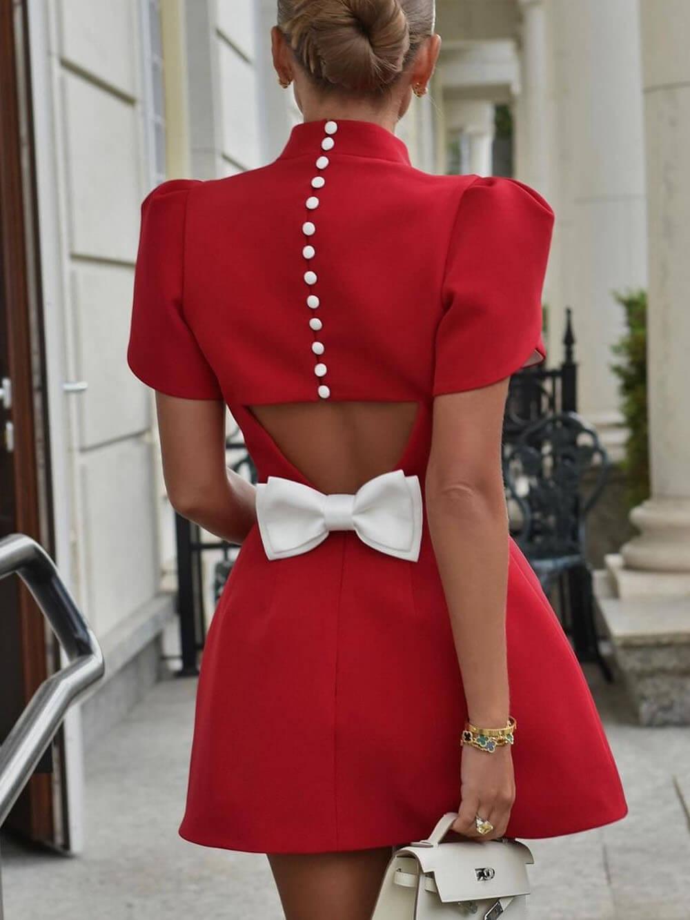 Aurohaya Elegant Sweet Moment Slit Short Sleeve Backless Bow Mini Dress Red
