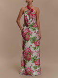 Romance Elegance Rose Printed Applique Cowl Neck Maxi Dress
