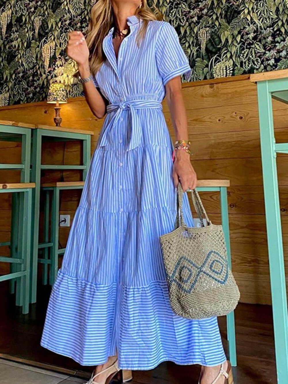 Aurohaya Fashionable Striped Print Short-Sleeved Loose Maxi Dress Blue