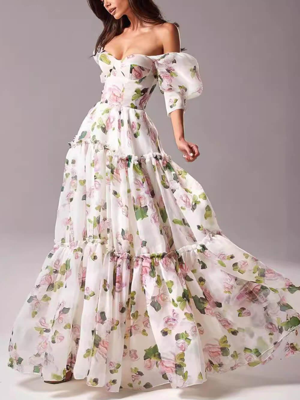 Aurohaya Elegant And Fashionable Off-Shoulder Printed Organza Evening Gown Maxi Dress Pink