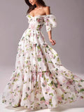 Aurohaya Elegant And Fashionable Off-Shoulder Printed Organza Evening Gown Maxi Dress Pink