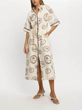 Aurohaya Modern Feel Linen Unique Ocean Print Cardigan Button Midi Dress White
