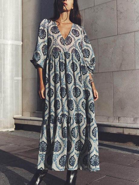Aurohaya Classic And Unique Baroque Sheer Overlay Balloon Sleeve Maxi Dress Blue