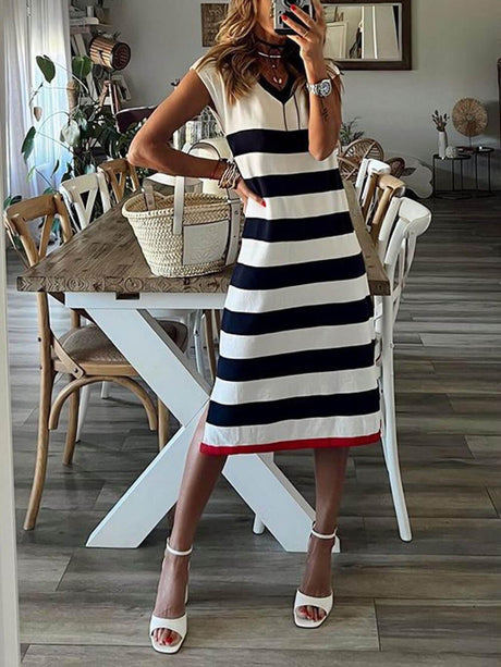 Aurohaya Classic Stripe Print V-Neck Slit Hem Dress