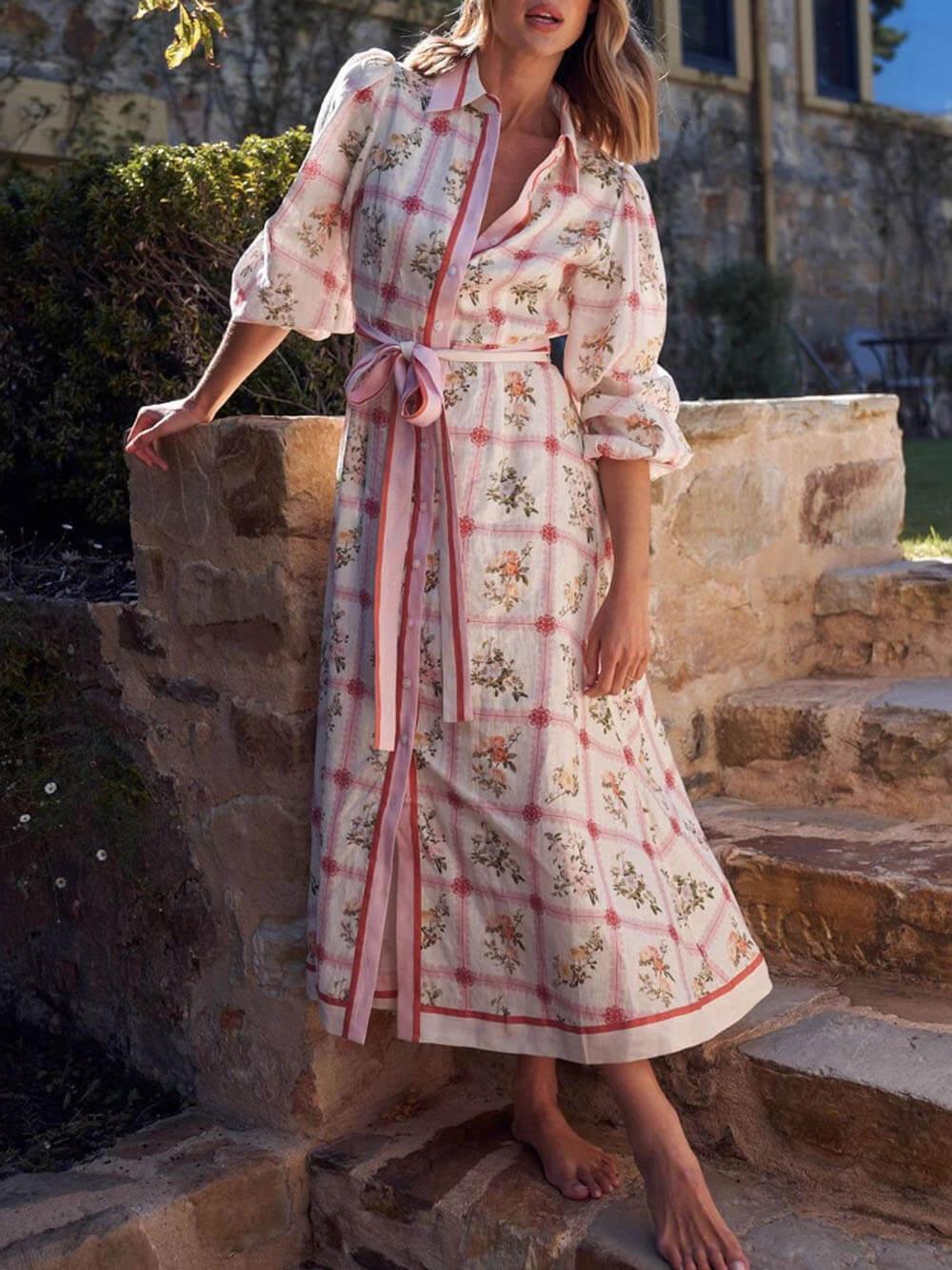 Aurohaya Classic Casual Unique Floral Print Tie Cardigan Dress Pink