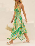 Elegant Off-Shoulder V-Neck Suspender Print Swing Dress