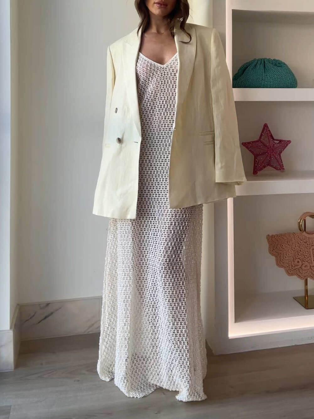 Aurohaya Elegant Crochet Hollow Flared Hem Spaghetti Strap Maxi Dress White