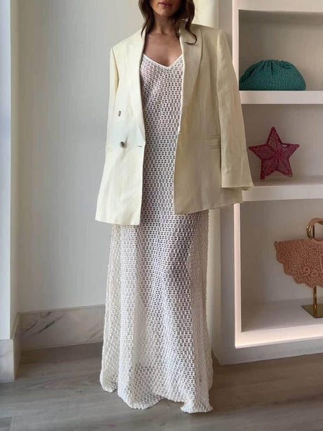 Aurohaya Elegant Crochet Hollow Flared Hem Spaghetti Strap Maxi Dress White