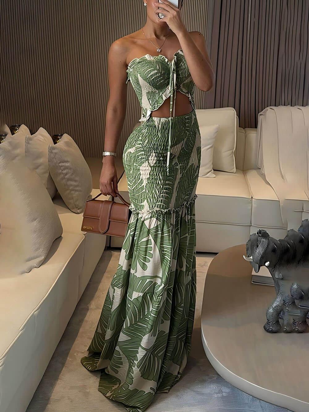 Aurohaya Exquisite Floral Smocked Cutout Halter Fishtail Stretch Maxi Dress Green