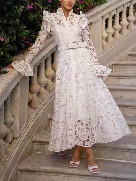Aurohaya Elegant Hollow Lace Trumpet Sleeve Party Evening Gown Maxi Dress White