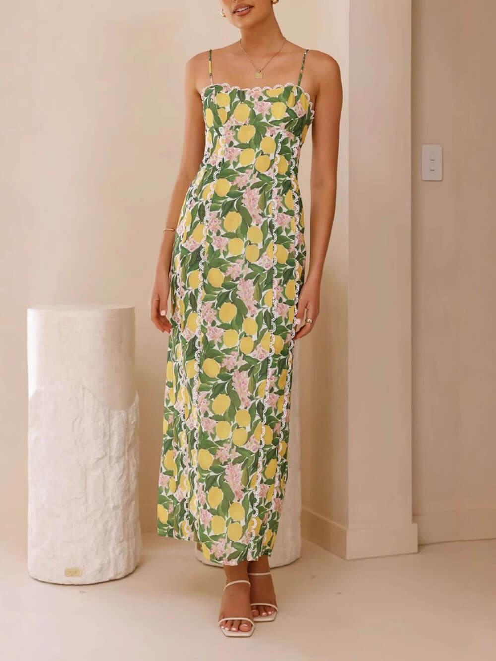 Aurohaya Sexy Linen Suspender Lace Slit Maxi Dress