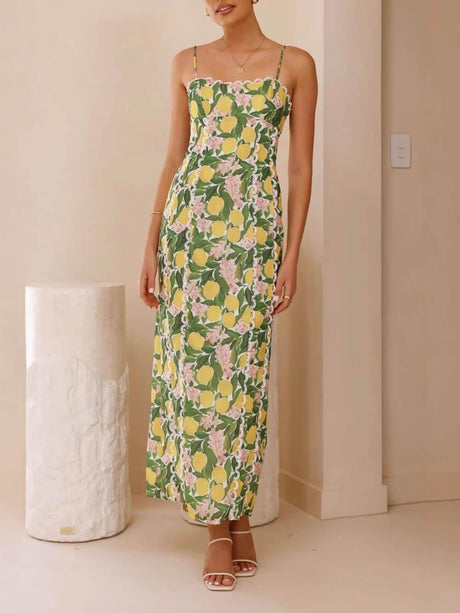 Aurohaya Sexy Linen Suspender Lace Slit Maxi Dress