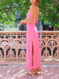 Elegant Draped Pile Neck Halter Neck Slit Backless Maxi Dress