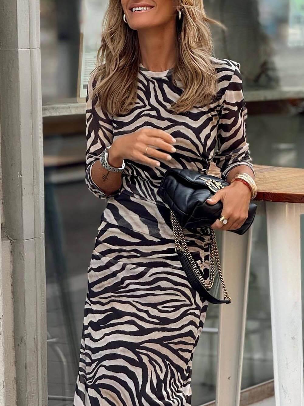 Aurohaya Unique Zebra Print Stretch Slim Maxi Dress