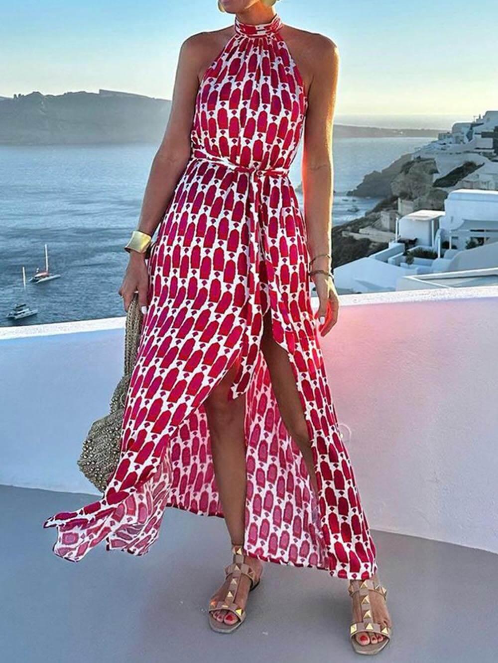 Aurohaya Sexy And Fashionable Printed Halter Neck Beach Slit Midi Dress