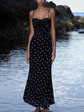 Aurohaya Elegant INS French Slim Backless Polka Dot Suspender Maxi Dress Black