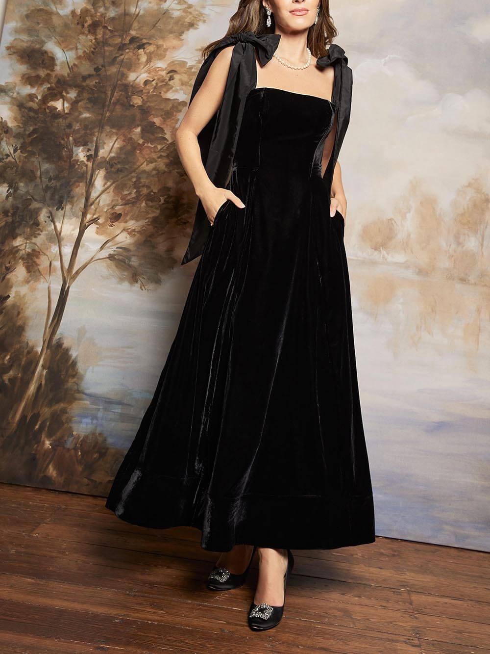 Aurohaya Retro Clean Cut Contrast Color Oversized Bow Maxi Dress Black
