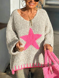 Winter Day Warm Texture Star Pattern Contrast Color Loose Sweater
