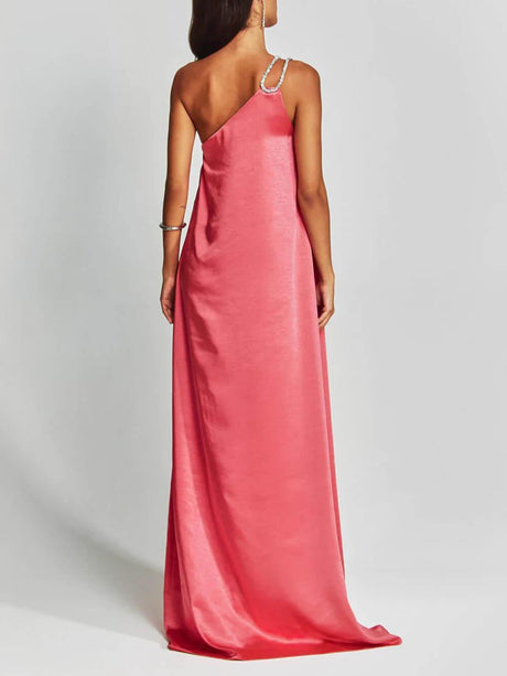 Aurohaya Exquisite Charming Glance Satin Metal Hardware One Shoulder Loose Maxi Dress