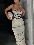Exquisite Hollow Contrast Color French Suspenders Slim Hip-Hugging Maxi Dress