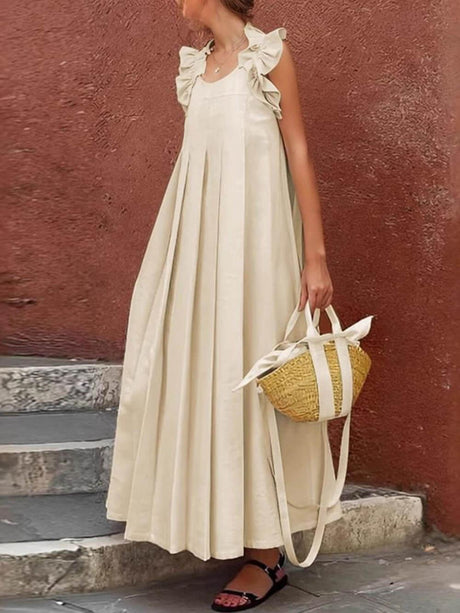 Aurohaya Fashionable And Casual Ruffled Decorative Pleated All-Match Holiday Maxi Dress Apricot