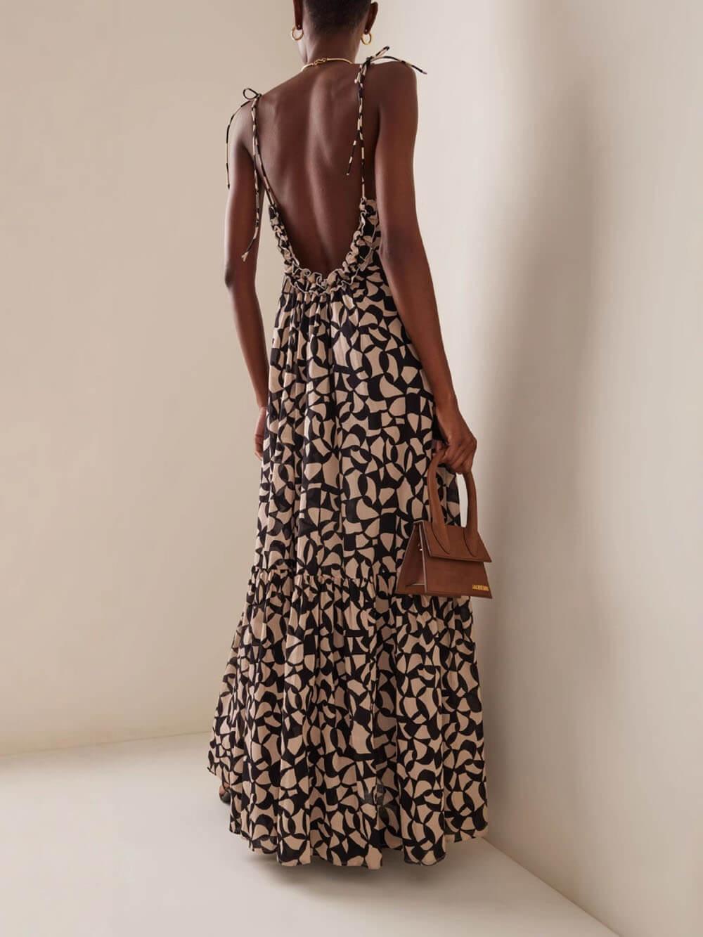 Aurohaya Fashionable Design Printed Backless Holiday Style Suspender Maxi Dress