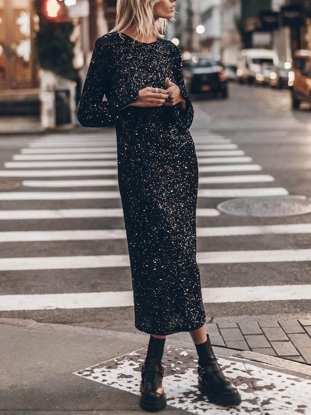 Aurohaya Sequin Sparkly Nights Long Sleeve Open Back Loose Midi Dress Black