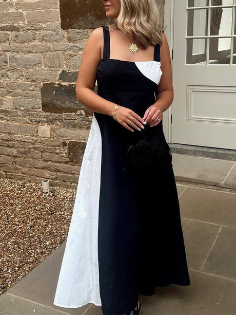 Aurohaya Simple Contrast Color Sling Back Smocked Maxi Dress