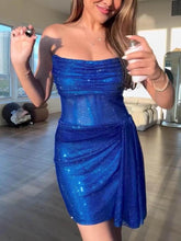 Aurohaya Casual Fashion Party Wrap-around Drawstring Mini Dress Blue