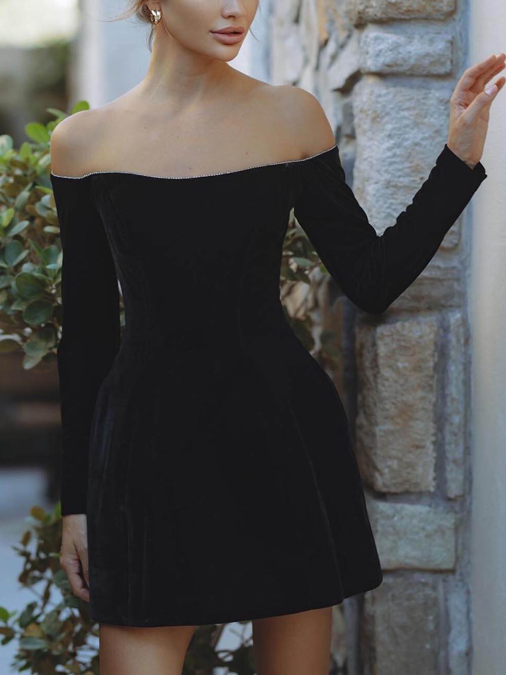 Aurohaya Exquisite Glitter Trim Off Shoulder Long Sleeve Pocketed Mini Dress Black