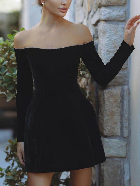 Aurohaya Exquisite Glitter Trim Off Shoulder Long Sleeve Pocketed Mini Dress Black