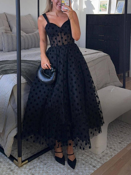 Aurohaya Exquisite Perfect Tulle Polka Dot Sweetheart Bustier A-Line Midi Dress Black