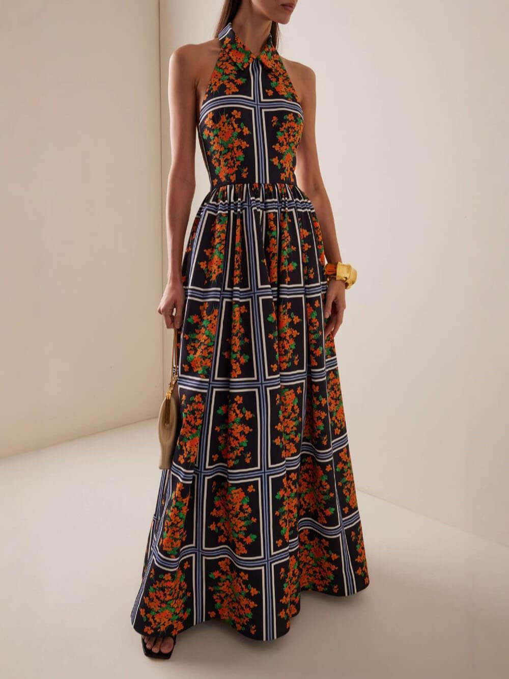 Aurohaya Exquisite Sexy Backless Unique Floral Print Suspender Maxi Dress Brown