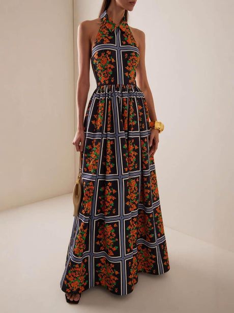 Aurohaya Exquisite Sexy Backless Unique Floral Print Suspender Maxi Dress Brown