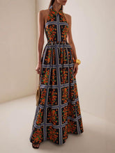 Aurohaya Exquisite Sexy Backless Unique Floral Print Suspender Maxi Dress Brown