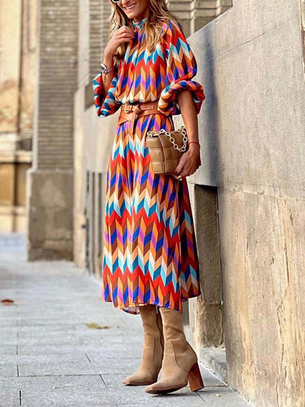 Aurohaya Fashionable And Unique Rainbow Print Stand Collar Long Sleeve Midi Dress Multicolor