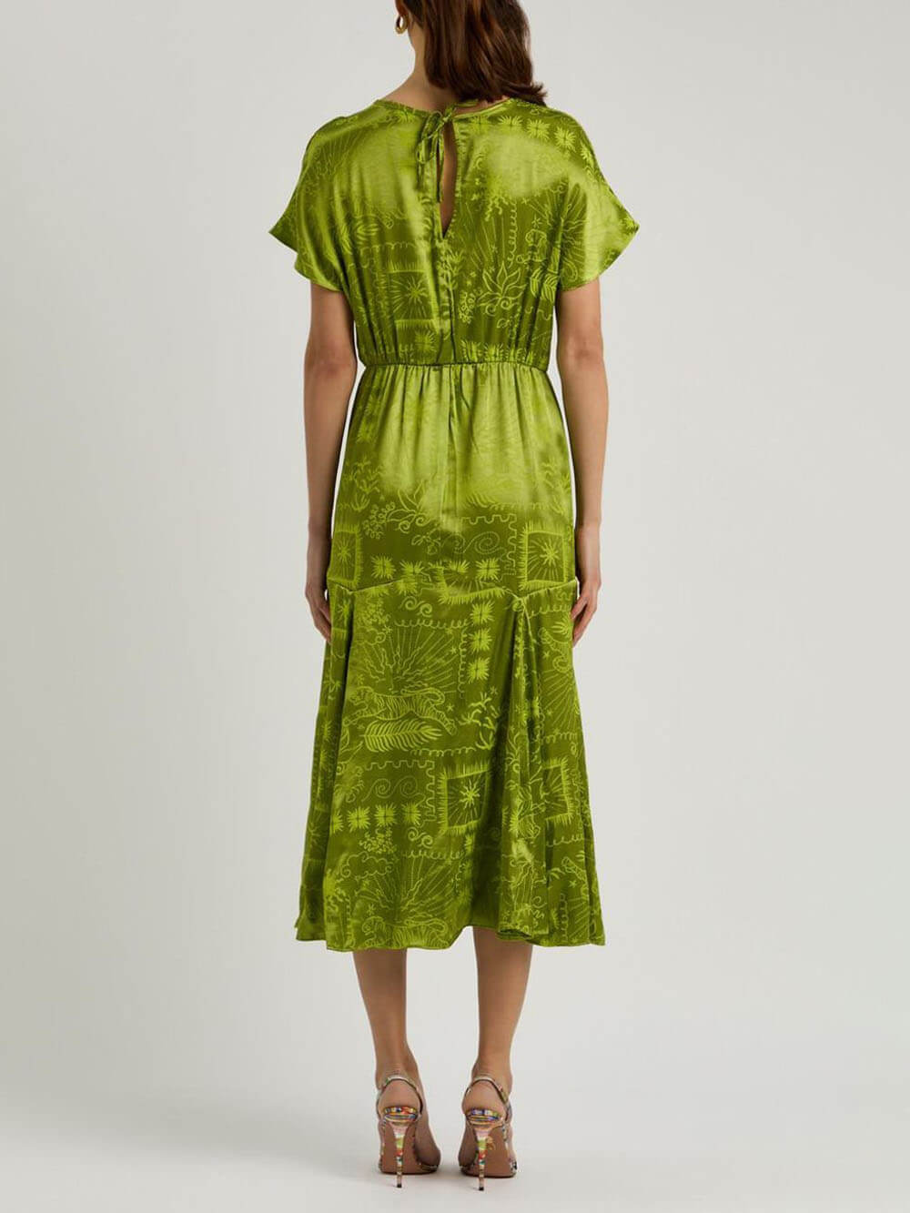 Aurohaya Elegant Satin Unique Jacquard Print Midi Dress