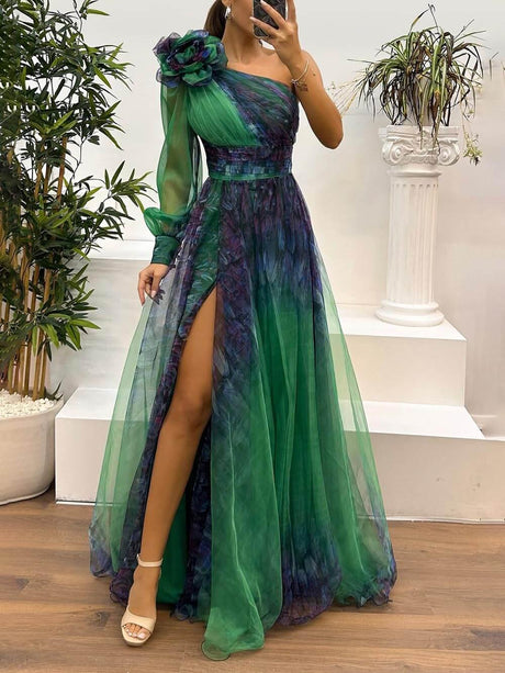 Aurohaya Exquisite Casual Off-Shoulder Mesh Print Maxi Dress